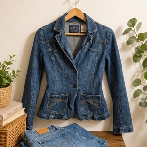 Levi’s Signature Denim Jacket Yellow Stitch Fitted Women’s Size S (4/6)